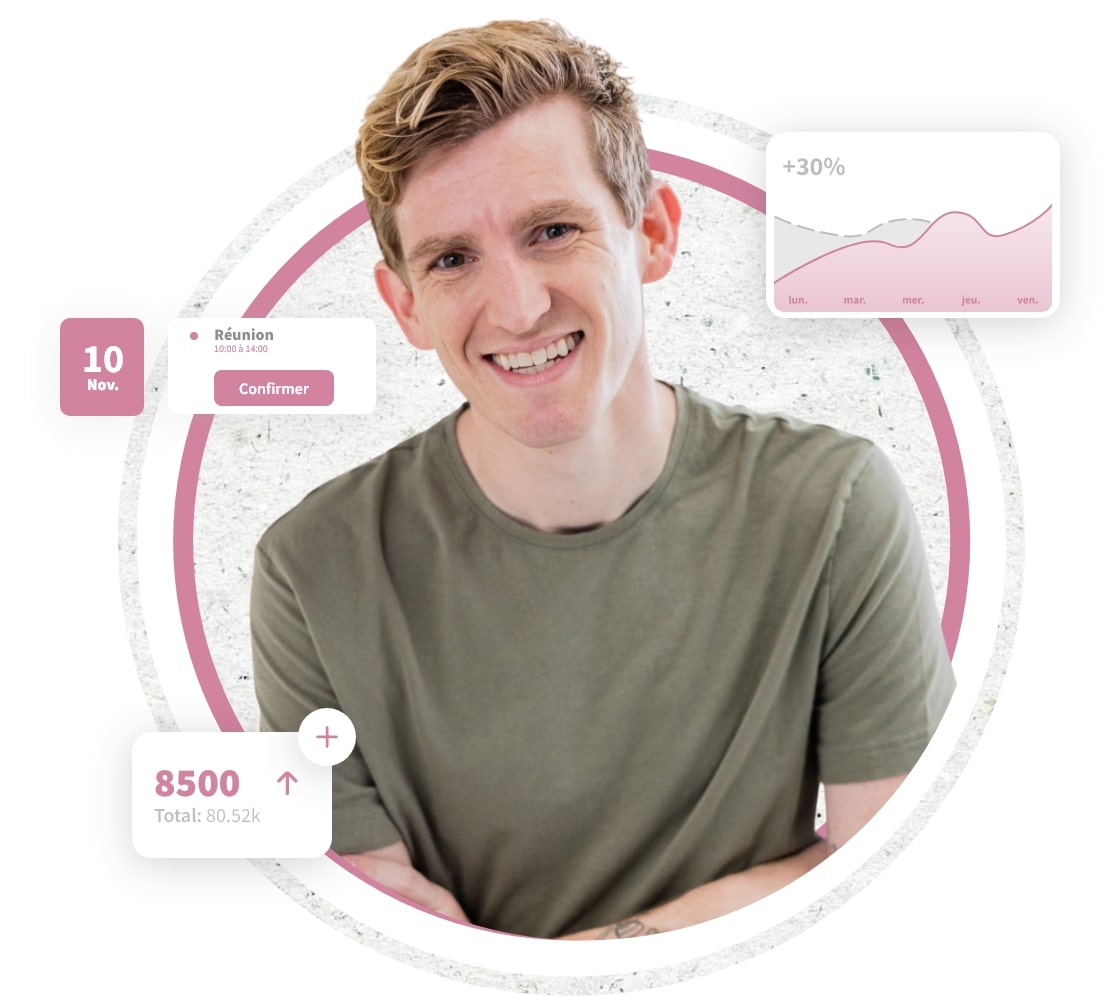 Gestion de l'activité homme souriant entouré d'icônes liées à la gestion