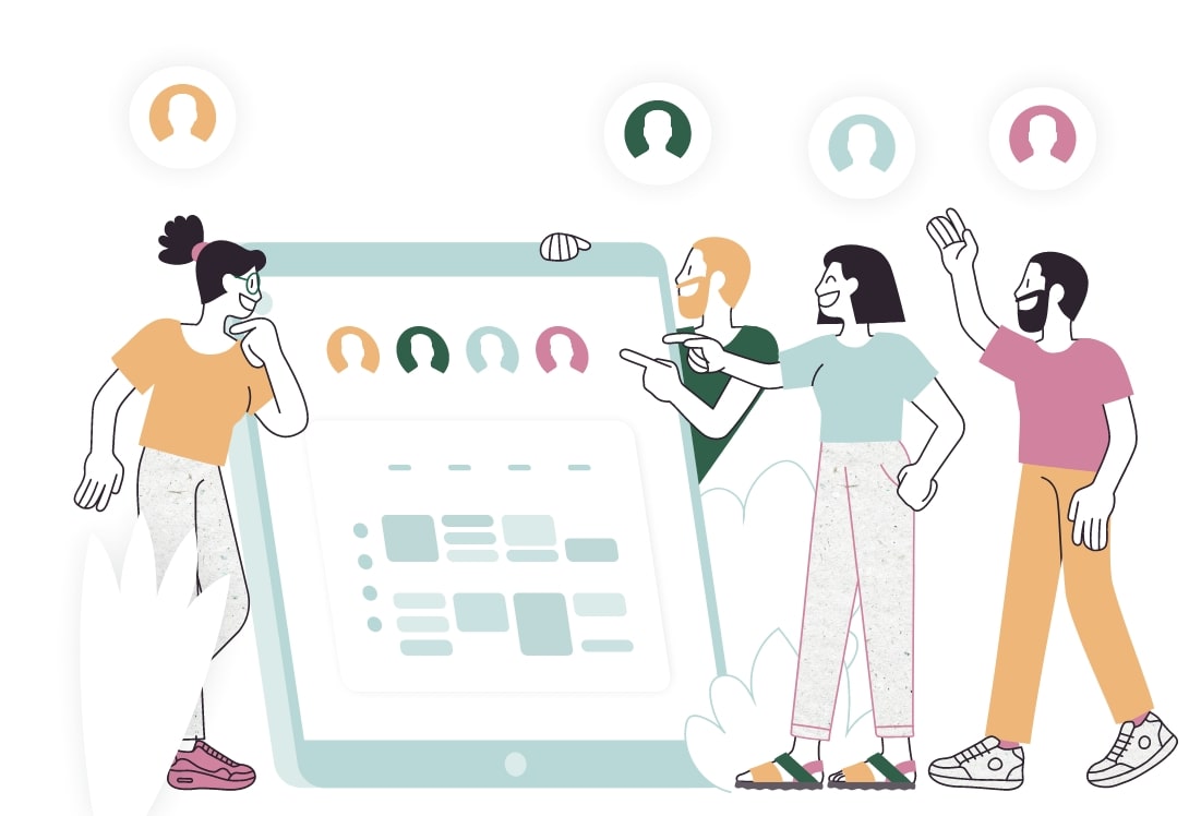 Collaboration interne Personnes autour d'une tablette en train de travailler ensemble